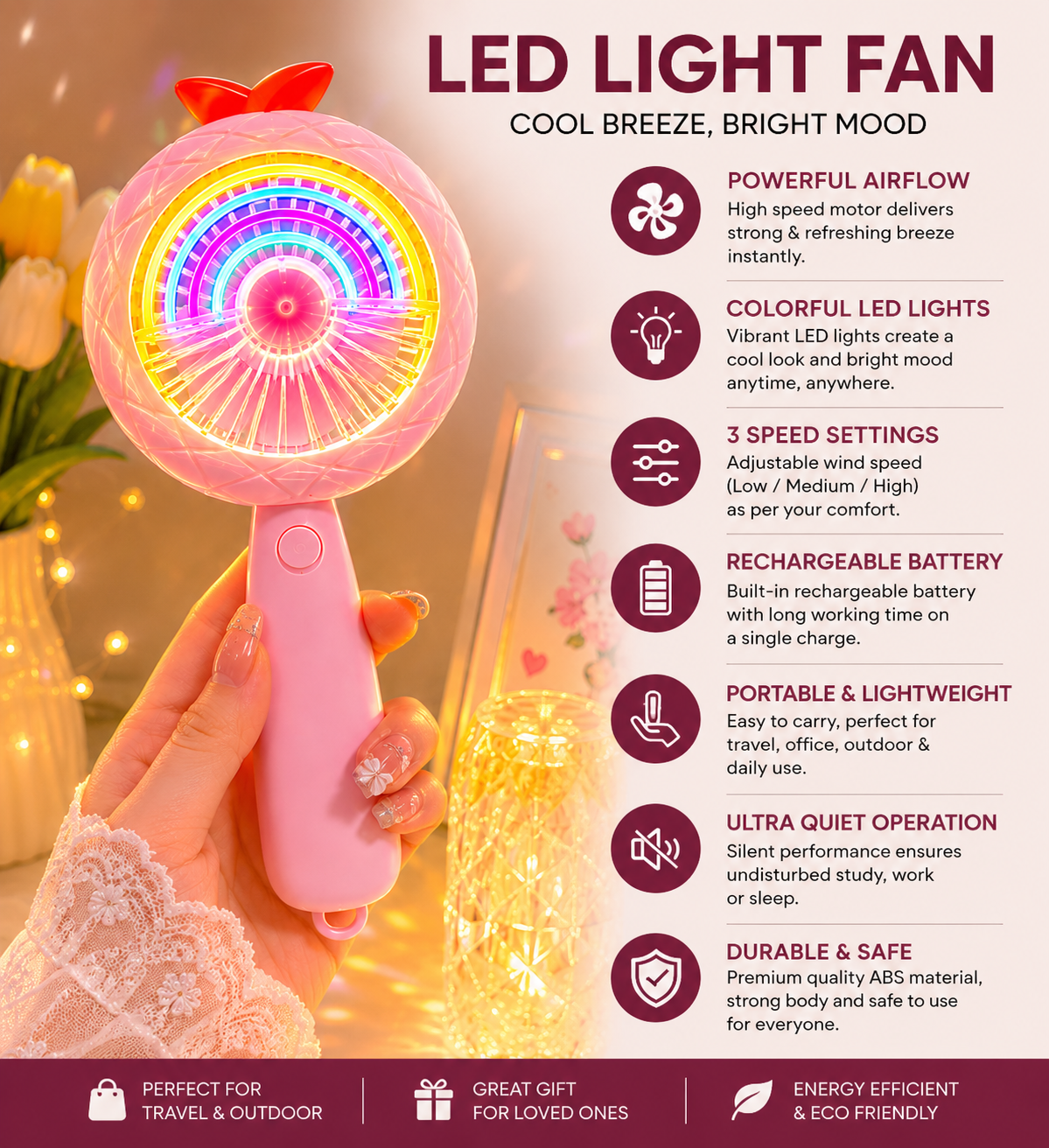Cute Rechargeable Rainbow LED Fan – Portable Hand Fan with Multicolor Night Light